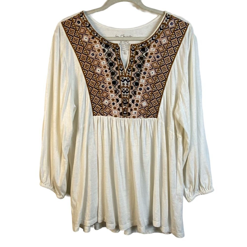 Chico's Embroidered Linen Blend Peasant Tunic Top Boho Cream Brown Size 2